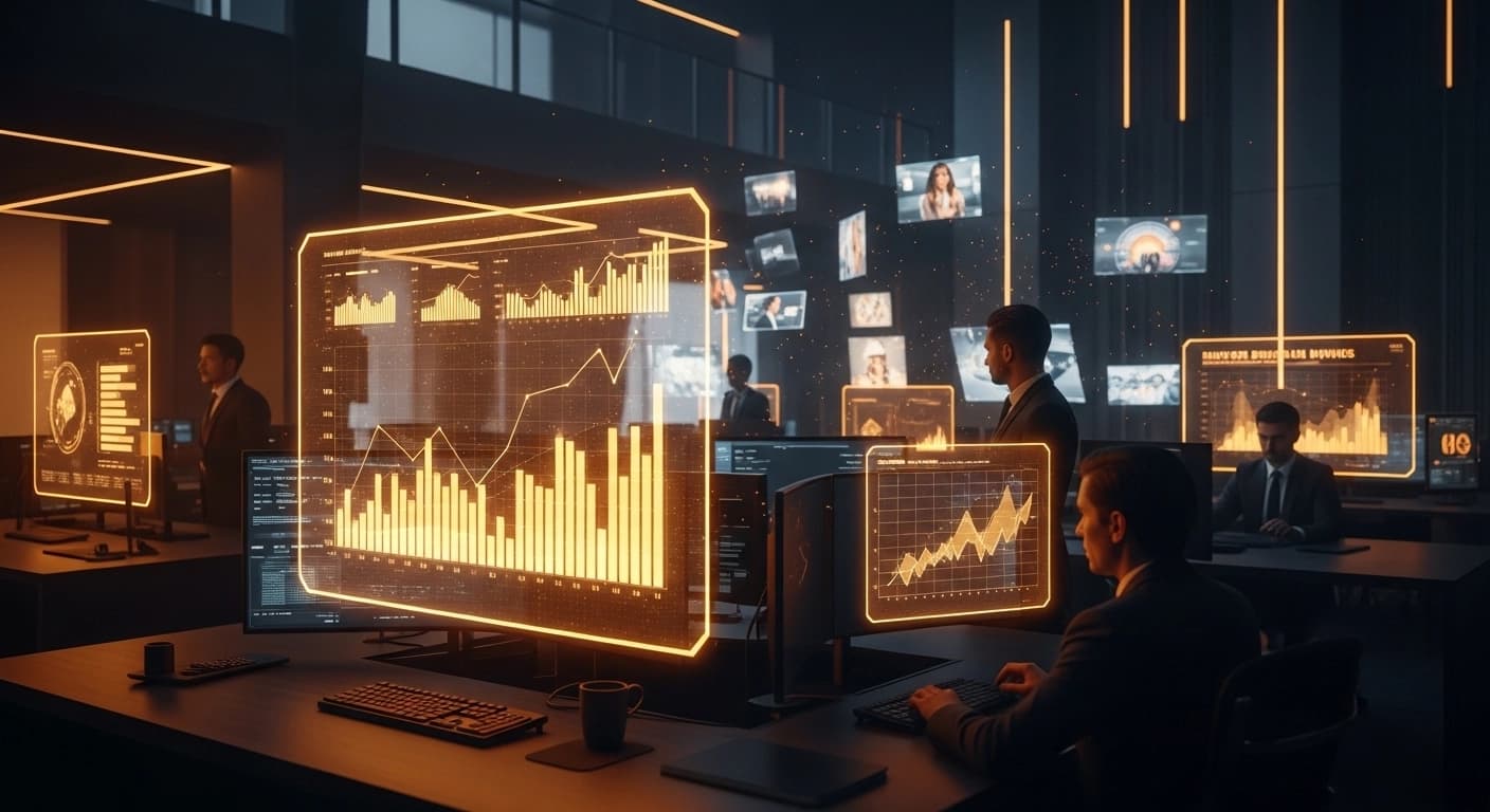 Holographic revenue charts showing AI ad creative prompt engineering for media buyers