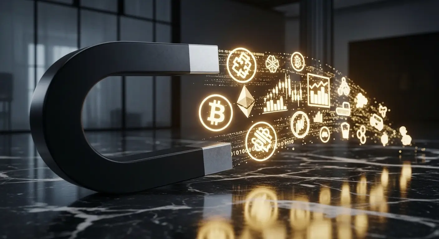 Luxury black magnet attracting golden data representing AI lead magnet prompt frameworks for agencies