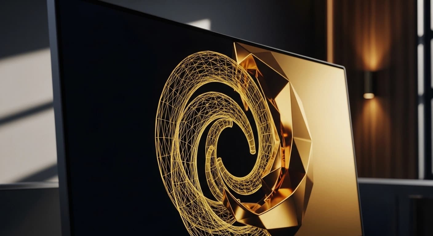 Glowing golden wireframe showing AI copywriting prompts for high-ticket offers