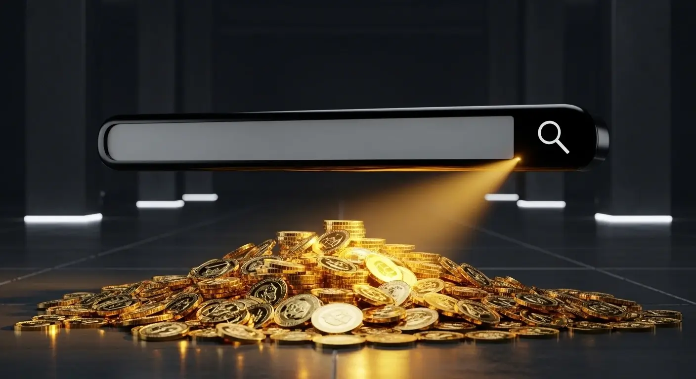 Glowing golden search bar illustrating AI prompt engineering for high-performance Google Ads