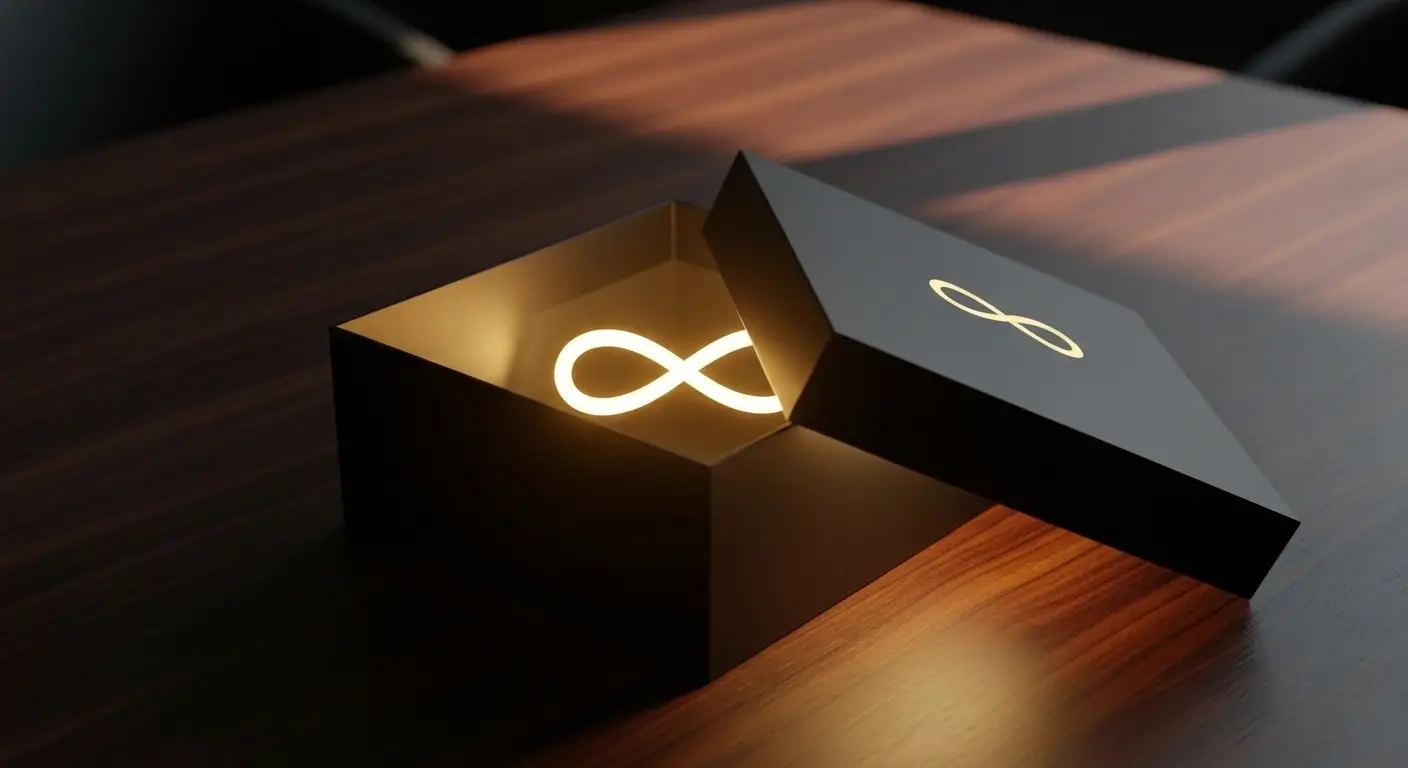 Glowing golden infinity loop inside a luxury box representing AI email marketing prompts for e-commerce retention