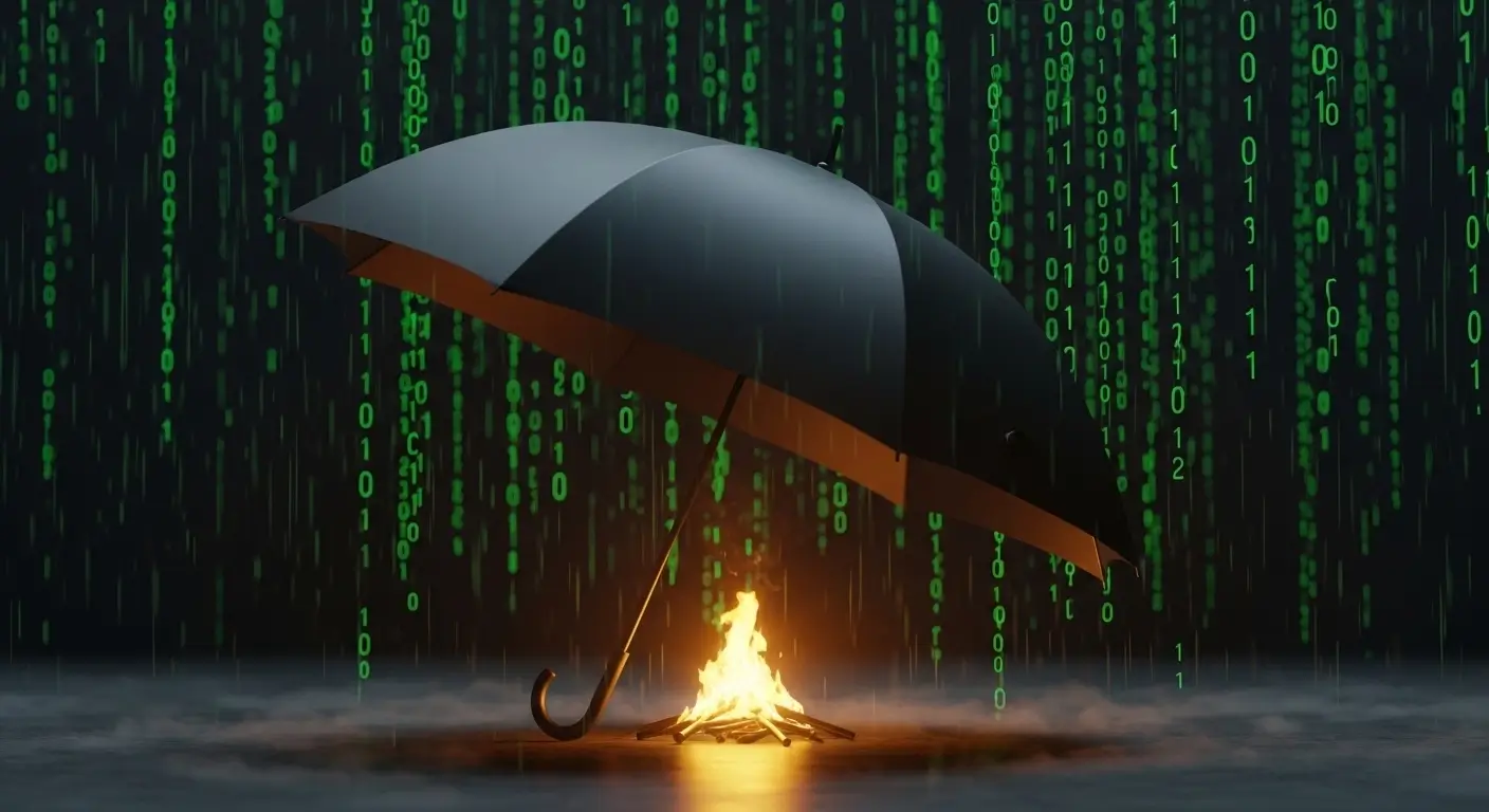 Black umbrella shielding golden flame illustrating AI-driven crisis communication prompt frameworks