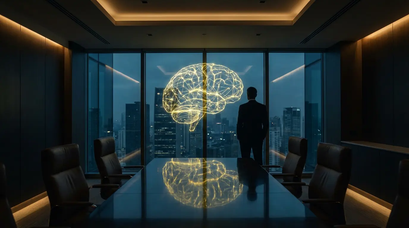 Executive holding glowing blueprint symbolizing AI brand voice prompt engineering