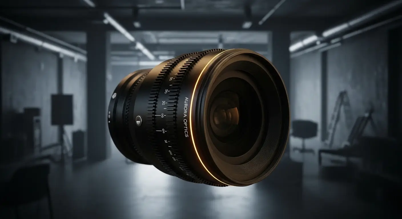 Cinematic studio camera lens illustrating AI video sales letter prompt engineering