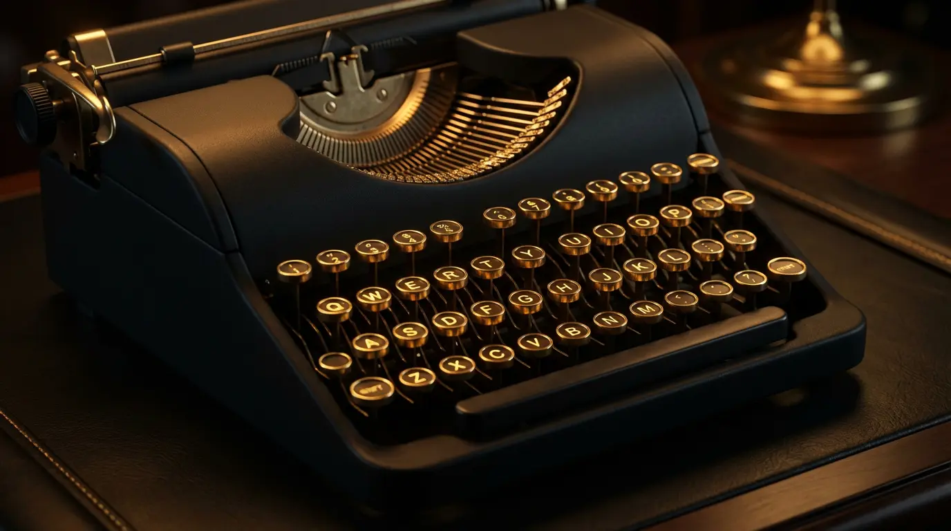 Sleek black typewriter with golden glow illustrating AI copywriting frameworks for high-ticket sales