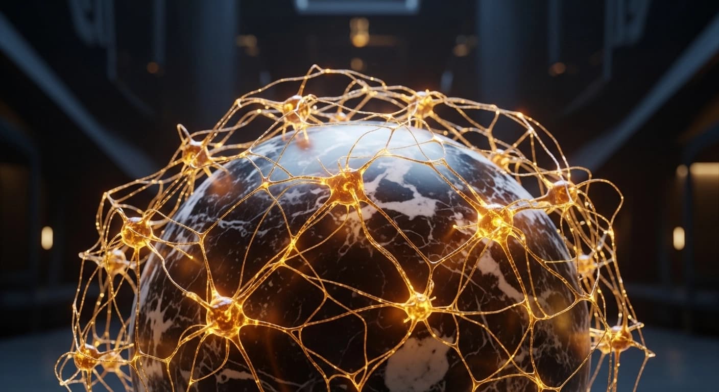 Glowing neural network representing AI prompts for topical authority dominance in SEO