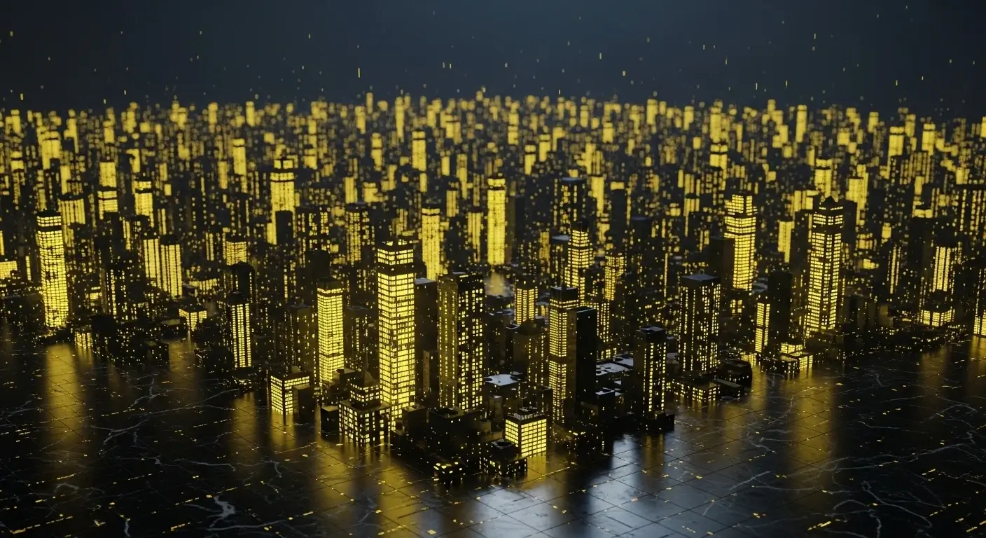 Glowing yellow digital skyscrapers representing advanced programmatic SEO AI prompt frameworks