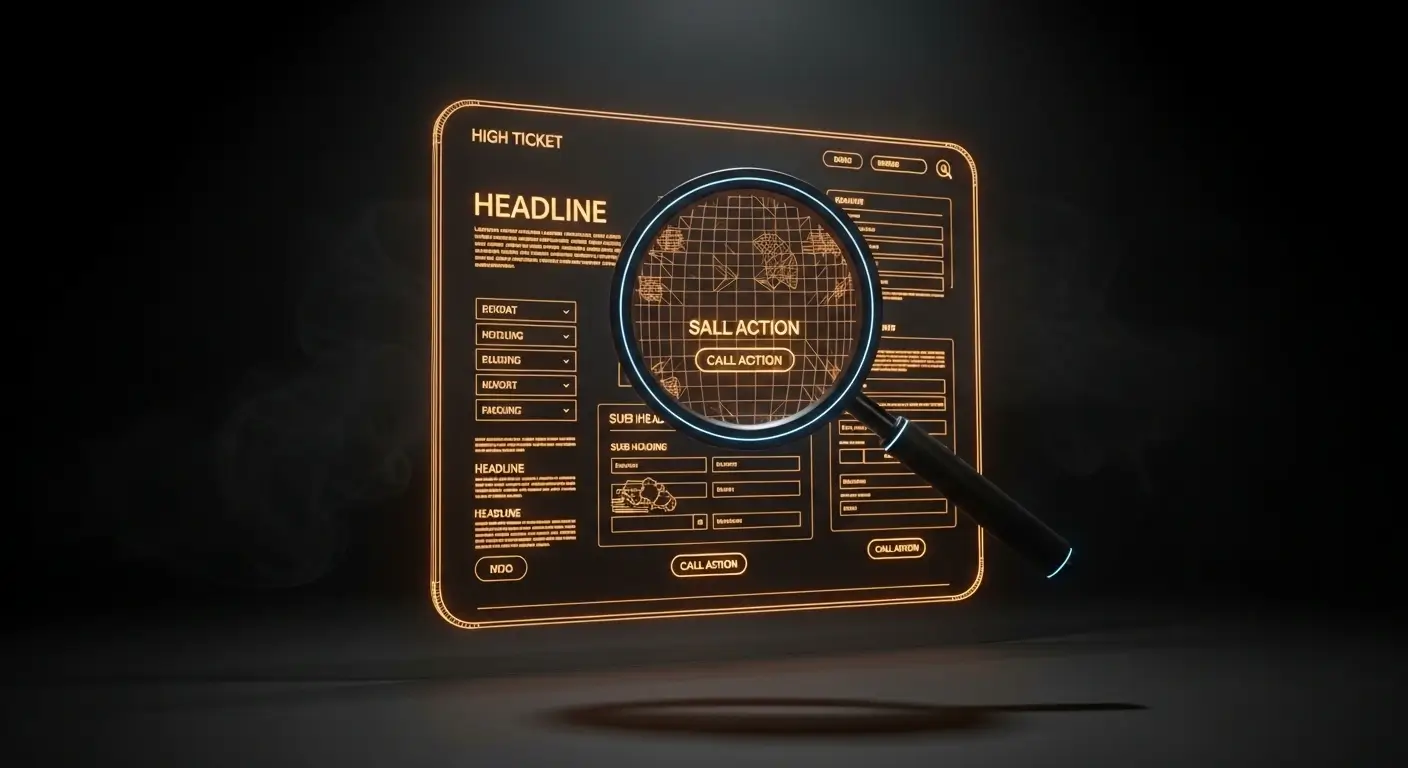 Glowing amber wireframe under a magnifying glass showing AI CRO prompts for landing page optimization