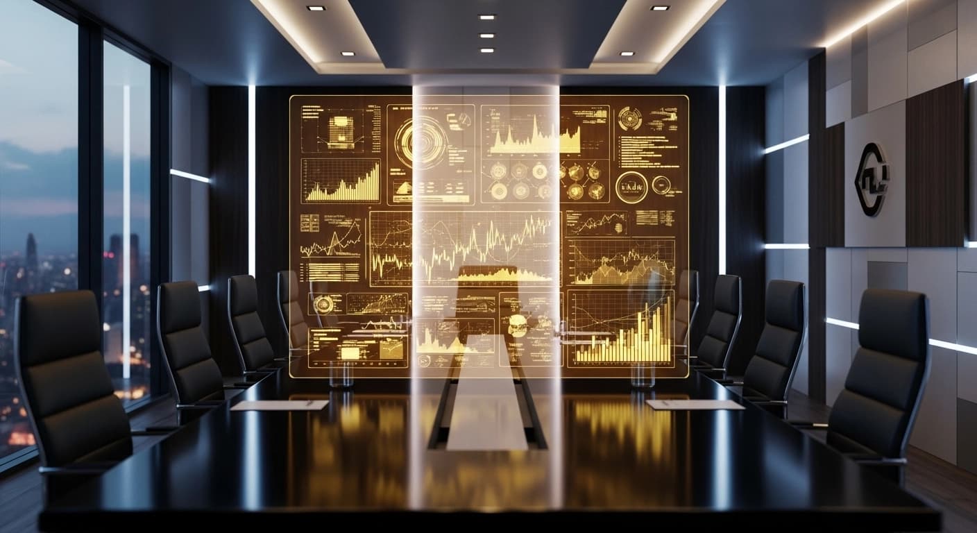 Holographic data matrix showing AI-driven market research prompts for agencies