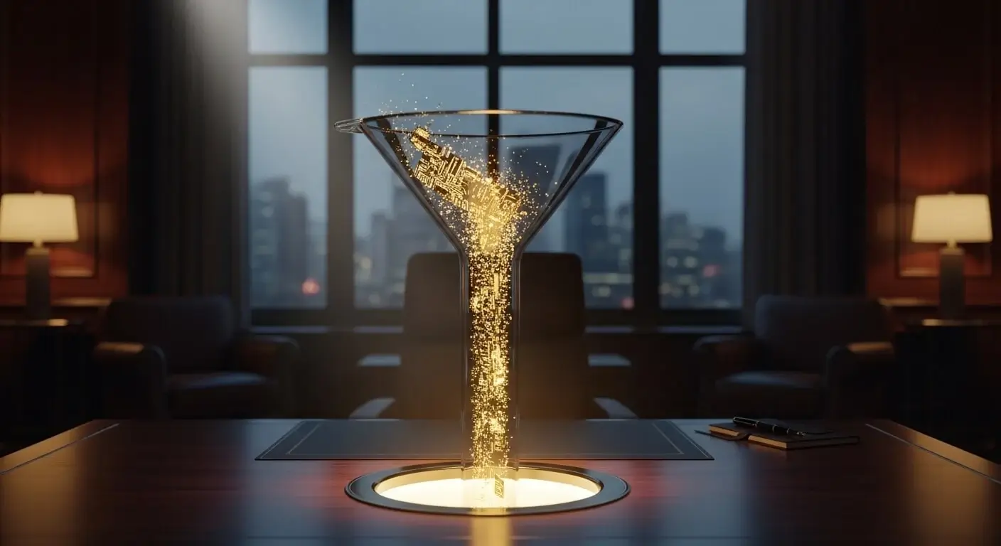 Dark glass funnel capturing golden data representing AI onboarding copywriting prompts for SaaS