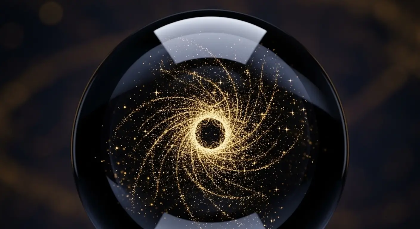 Glowing digital nebula in a glass sphere illustrating AI prompts for predictive market trend analysis